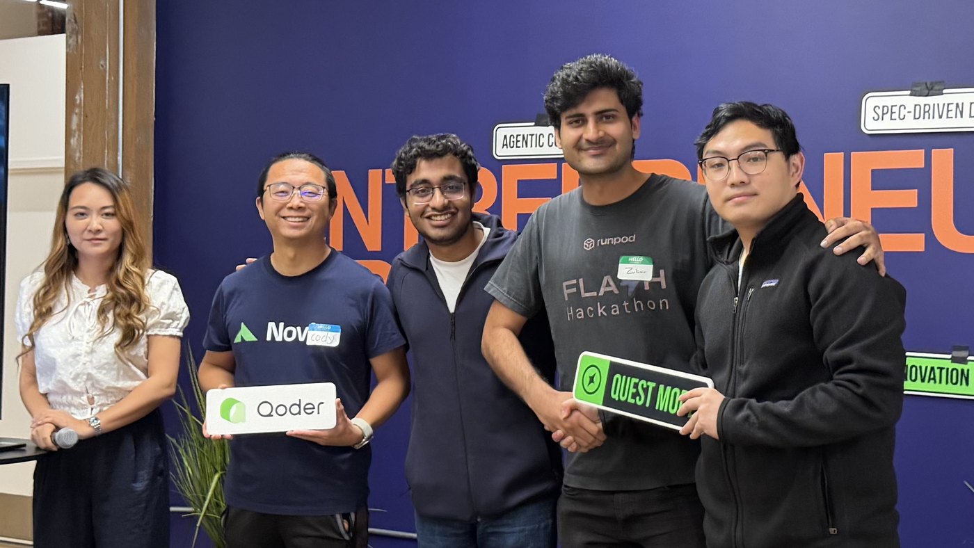 Zubair Zafar receiving the Quest Mode award for RecallRadius at the B.E.L.L.E x Qoder x Neo4j hackathon
