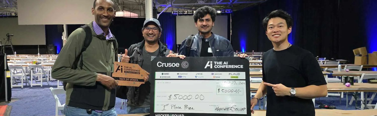 Zubair Zafar and team holding the $5,000 first prize cheque at the Crusoe and AI Conference hack day