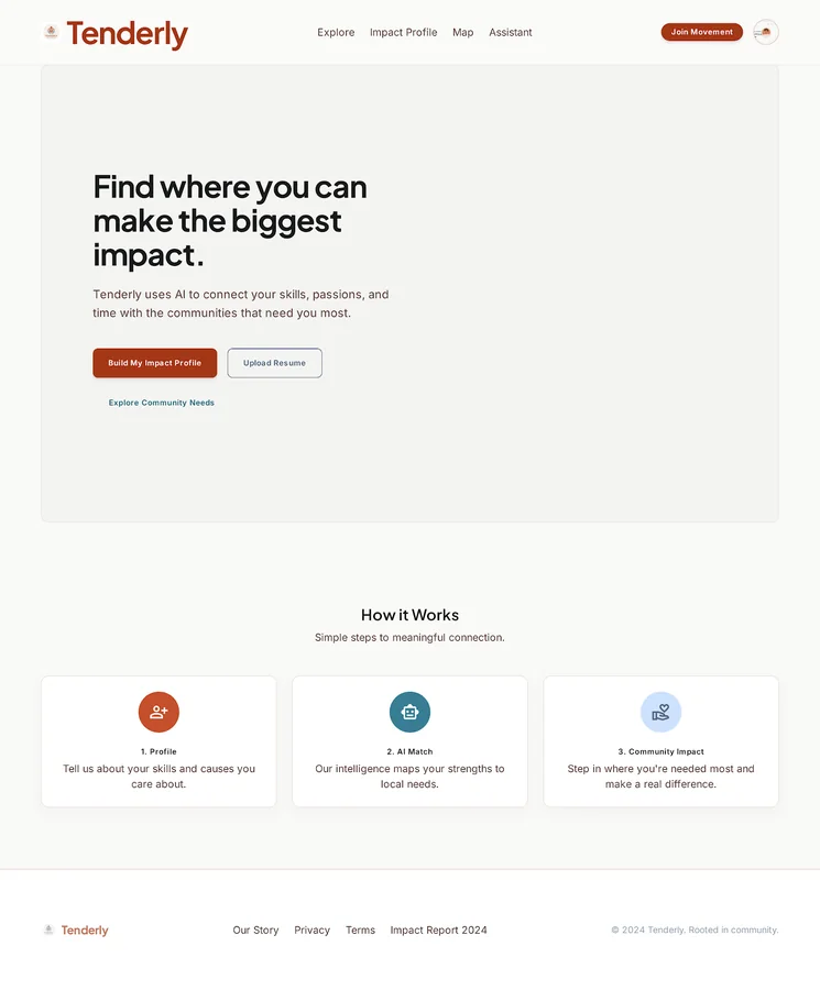 Tenderly volunteer matching landing page